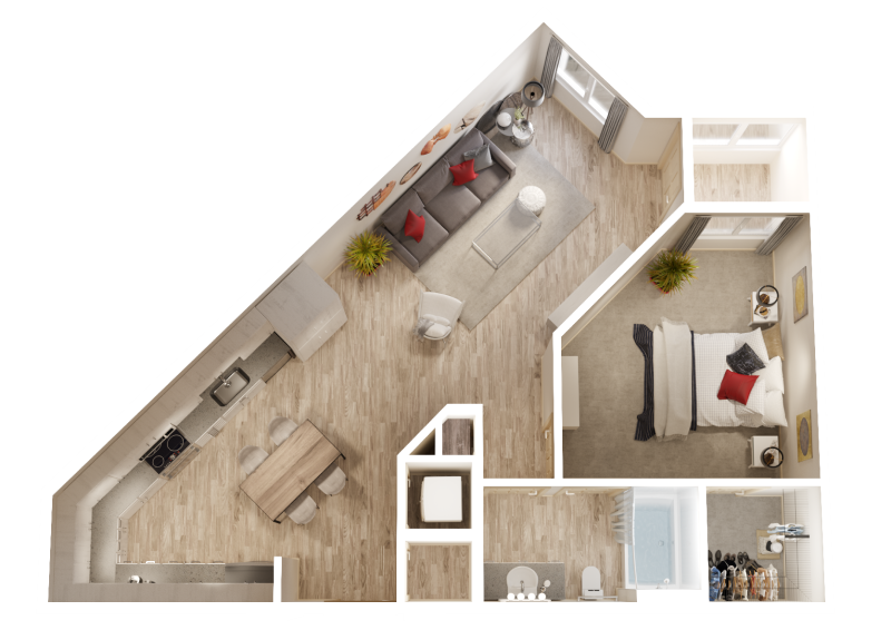 Floor plan for 1 bed, 1 bath, 755 sqft